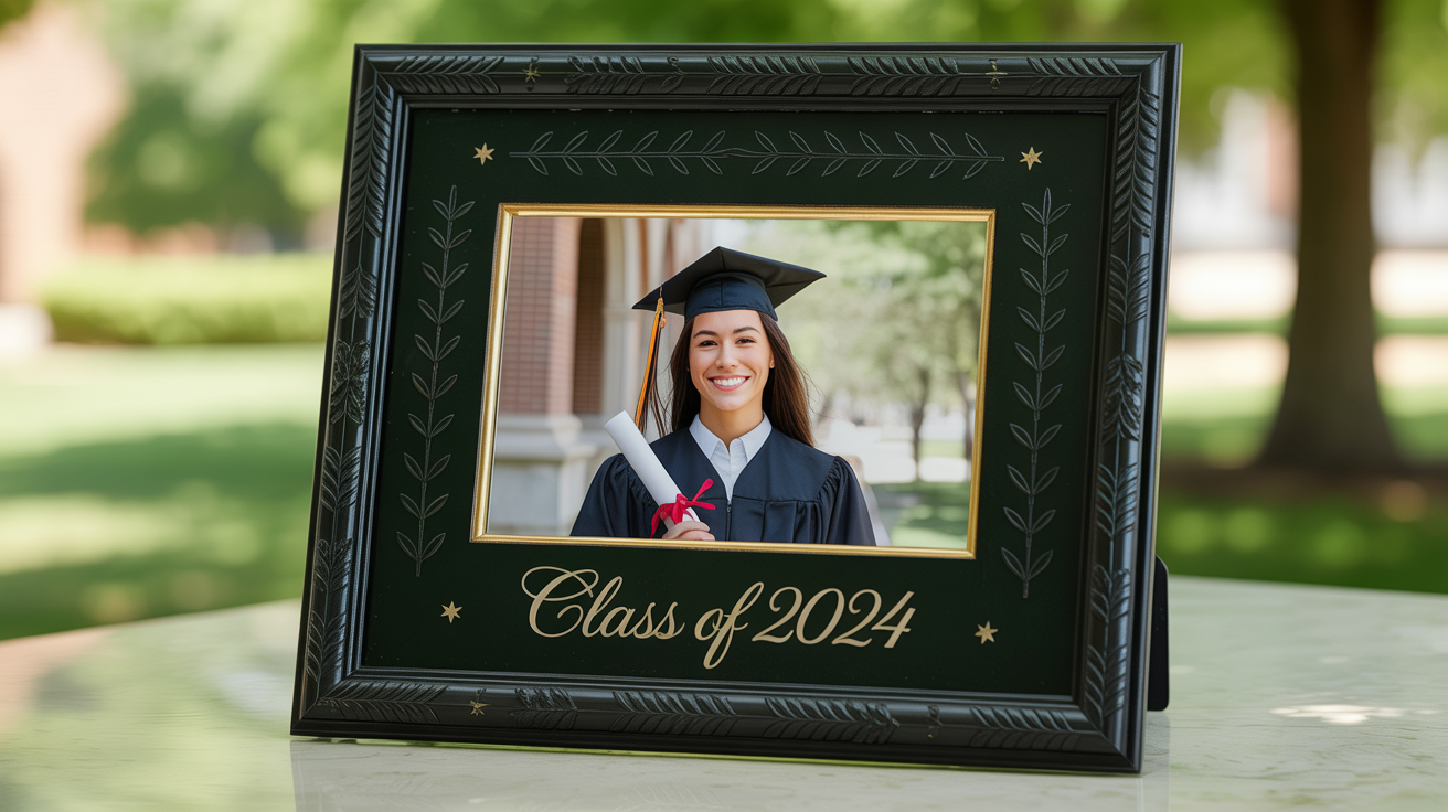 A beautiful graduation photo frame, black with gold laurel leaf accents, containing a portrait of a happy graduate and the text 'Class of 2024'.