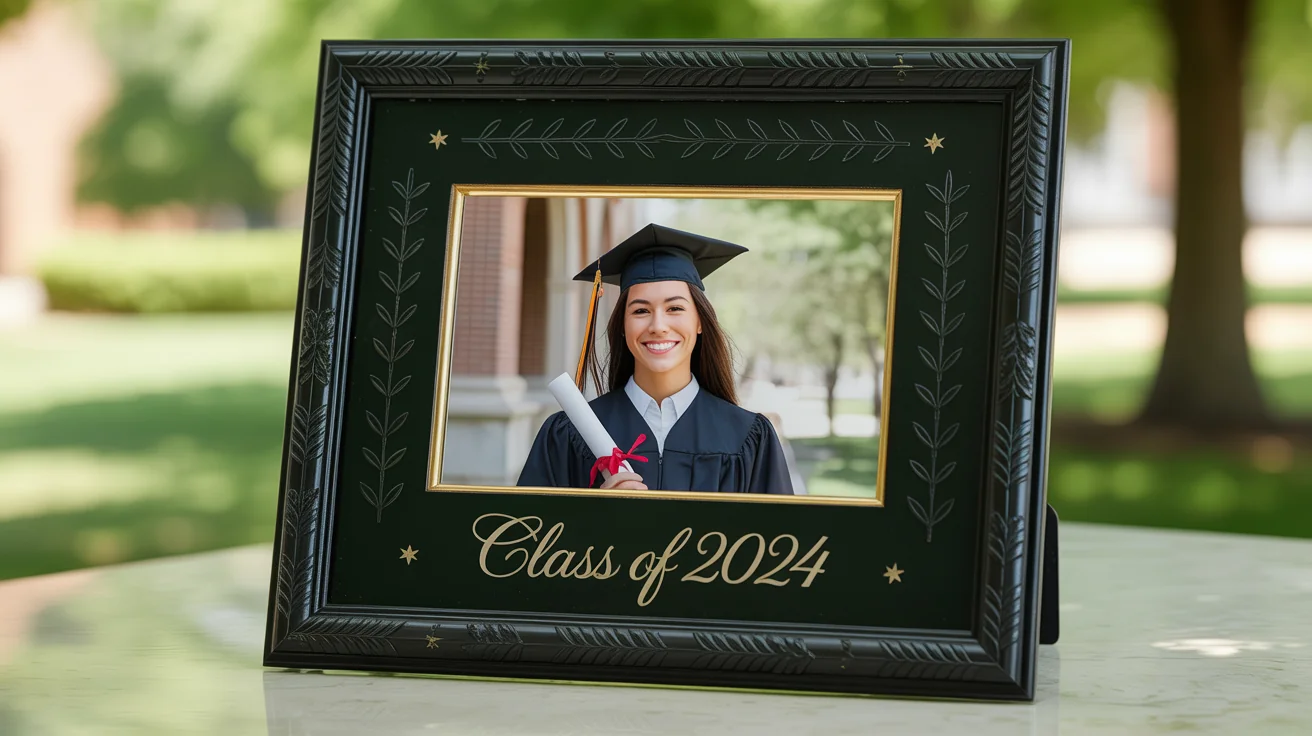 A beautiful graduation photo frame, black with gold laurel leaf accents, containing a portrait of a happy graduate and the text 'Class of 2024'.