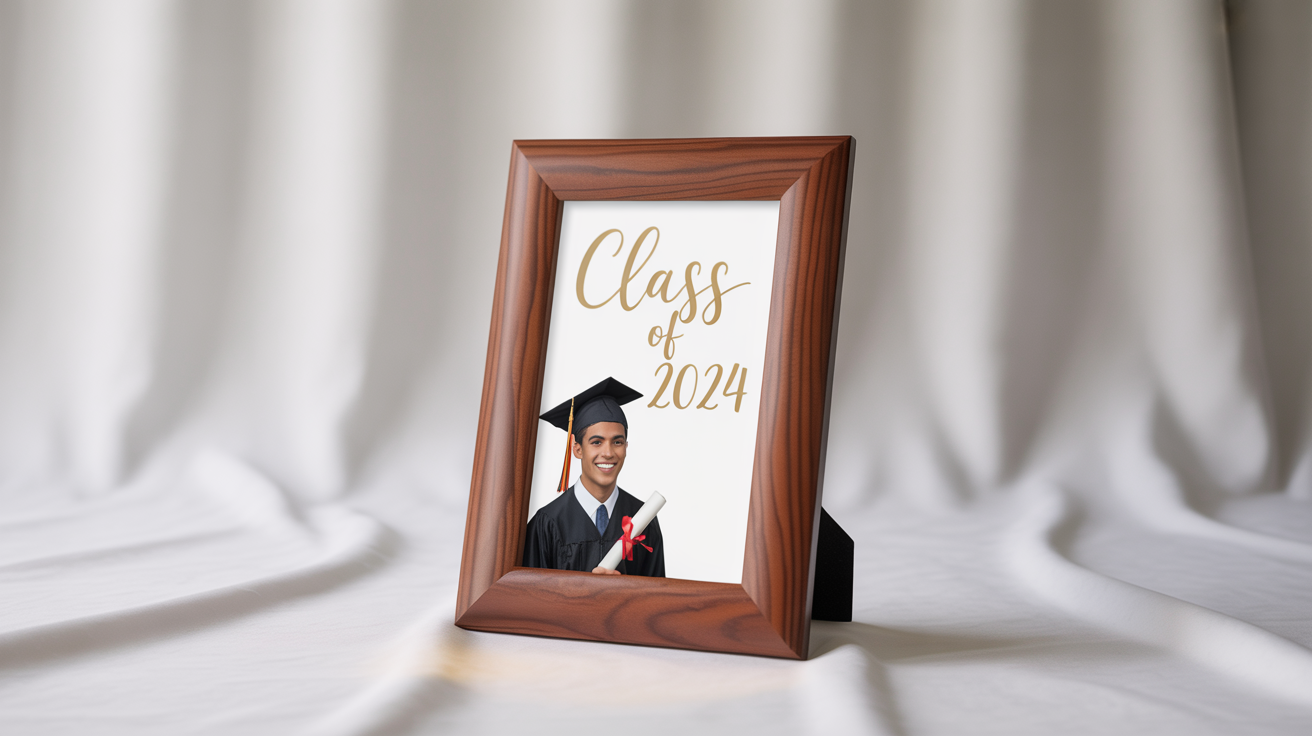 An elegant, dark wood graduation photo frame with 'Class of 2024' in gold text, showcasing a portrait of a smiling graduate, set against a clean white background.