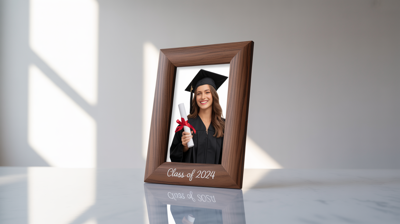 An elegant dark wood graduation photo frame engraved with 'Class of 2024', containing a photo of a smiling graduate, showcased against a clean white background.