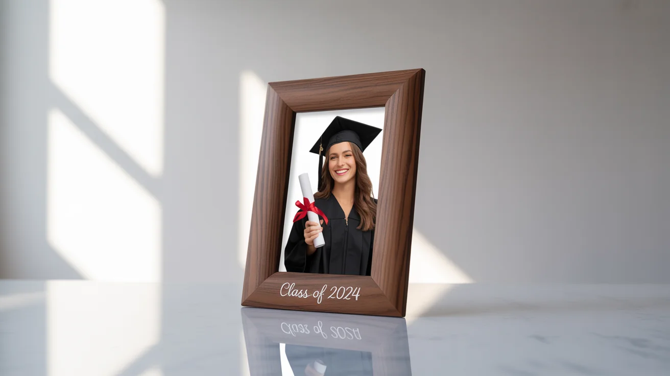 An elegant dark wood graduation photo frame engraved with 'Class of 2024', containing a photo of a smiling graduate, showcased against a clean white background.