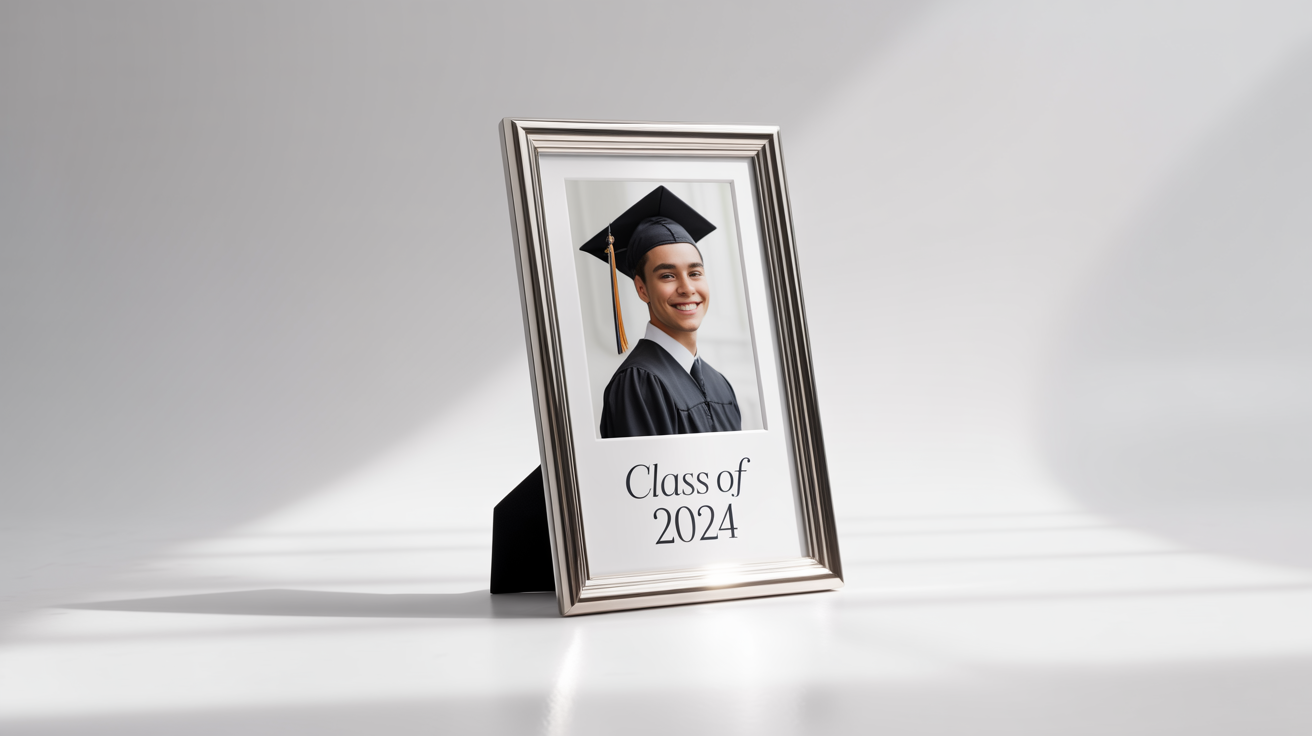 A modern silver graduation photo frame on a white background, featuring a photo of a smiling graduate and the text 'Class of 2024' engraved on the mat.