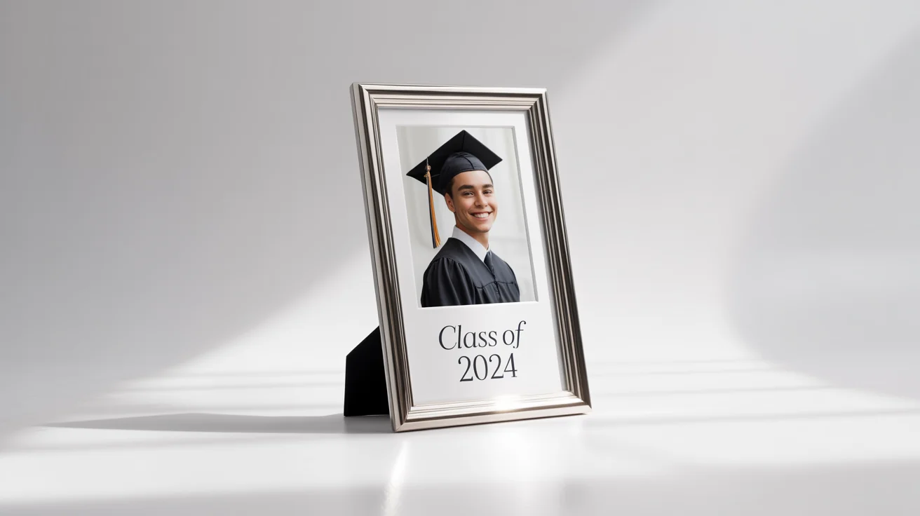 A modern silver graduation photo frame on a white background, featuring a photo of a smiling graduate and the text 'Class of 2024' engraved on the mat.