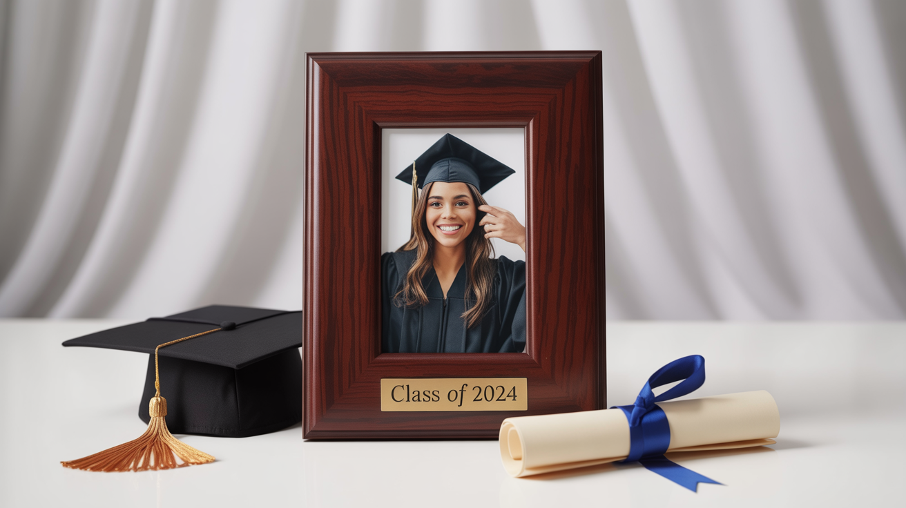 A product mockup of a dark wood graduation photo frame on a white background, containing a photo of a smiling graduate. The frame is engraved with 'Class of 2024' and is displayed next to a graduation cap and a diploma scroll.