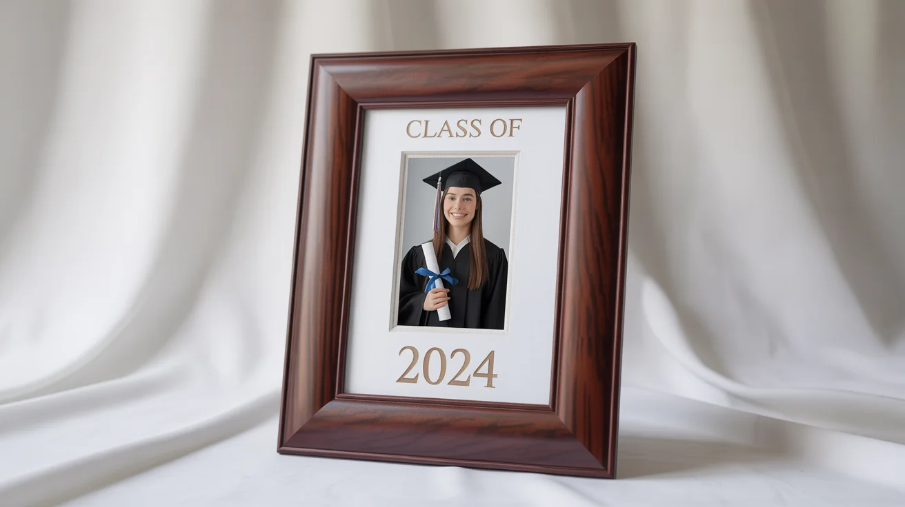 An elegant mahogany wood graduation photo frame with gold foil text reading 'Class of 2024', featuring a picture of a smiling graduate, set against a clean white background.