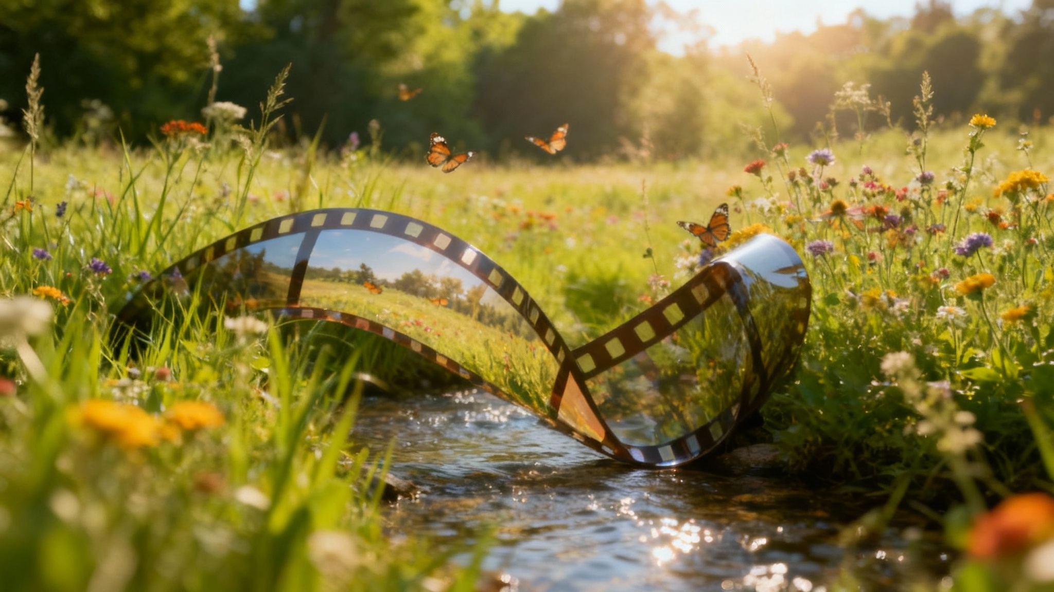 A visual representation of a seamless video loop, showing a film strip of a serene meadow scene forming a perfect circle, with the end of the clip seamlessly connecting to the beginning.