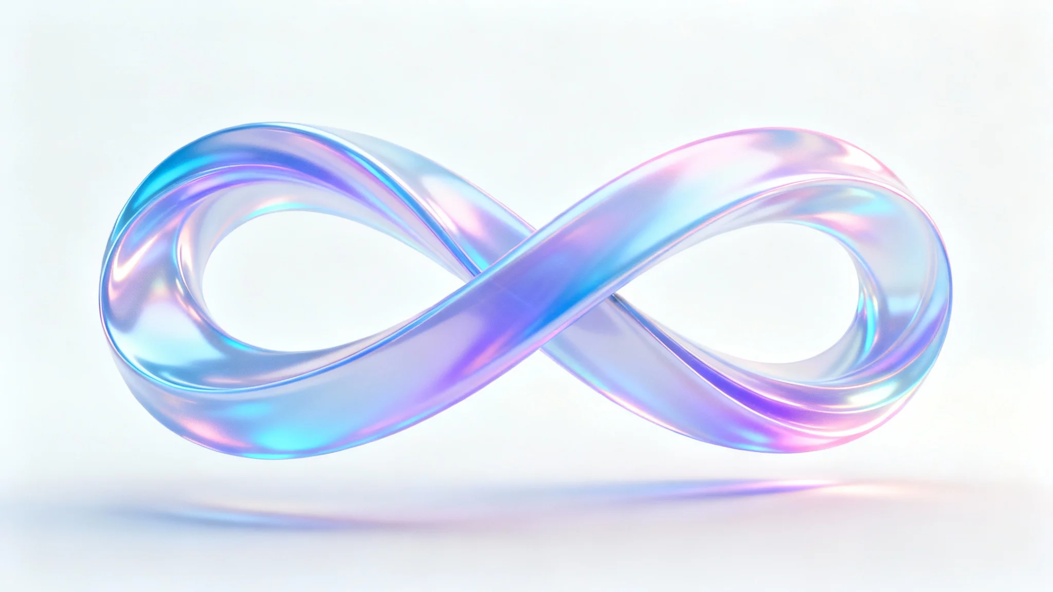 A minimalist sculpture of a flowing, iridescent ribbon twisted into an infinity symbol, set against a plain white background, representing a seamless loop.