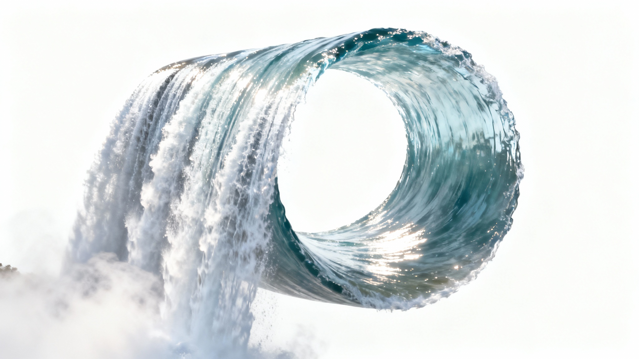 A photorealistic image of a waterfall forming a perfect, impossible circle against a plain white background, symbolizing a seamless loop.