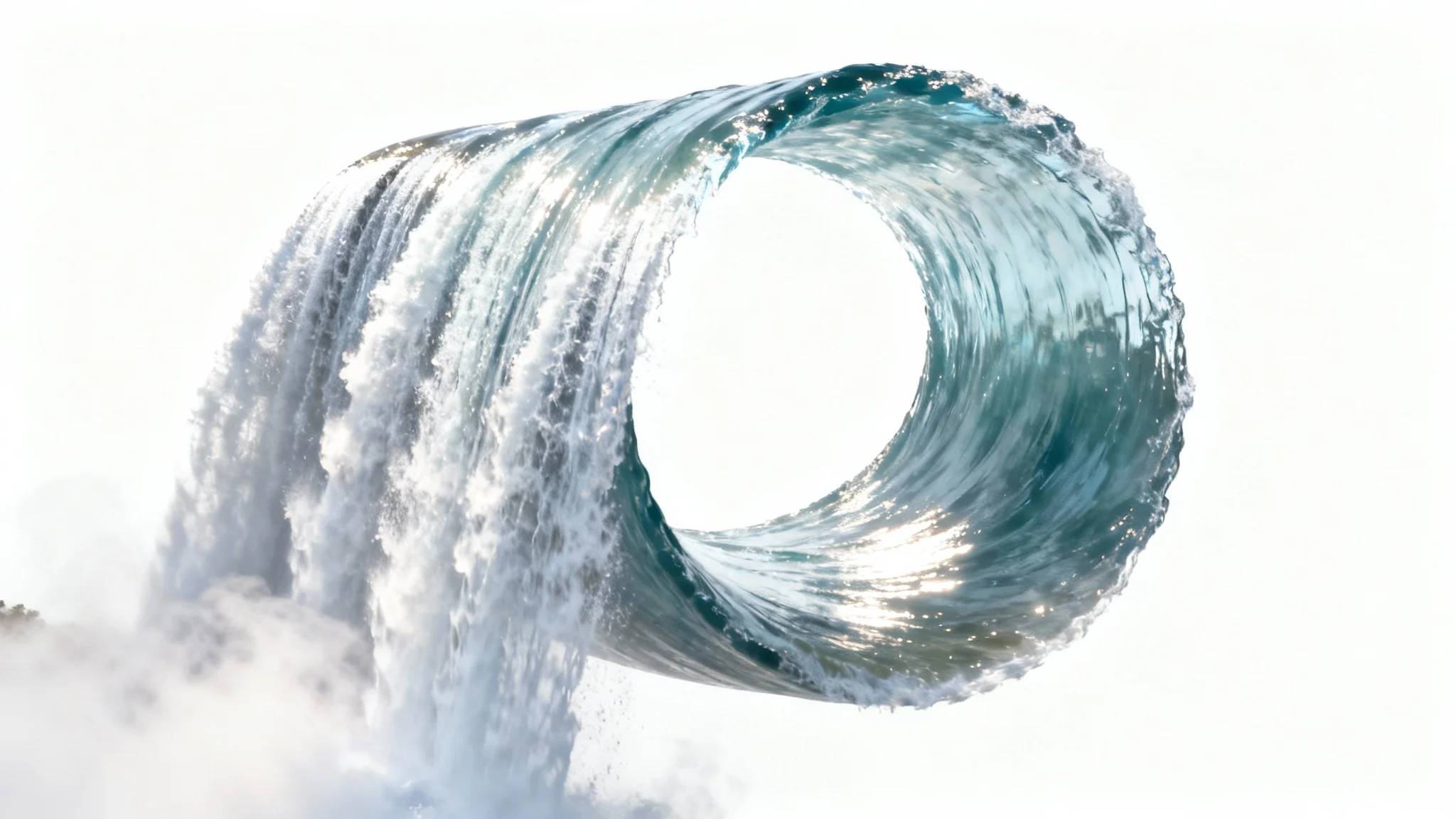 A photorealistic image of a waterfall forming a perfect, impossible circle against a plain white background, symbolizing a seamless loop.