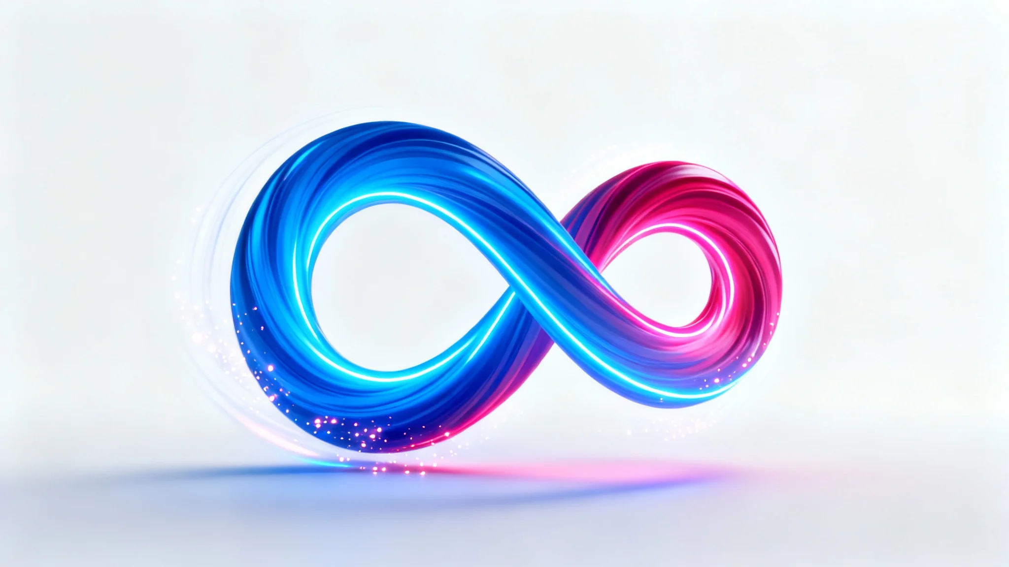 A minimalist digital illustration of a seamless loop, shown as a glowing ribbon of blue and magenta light twisting into a perfect, infinite circle on a white background.