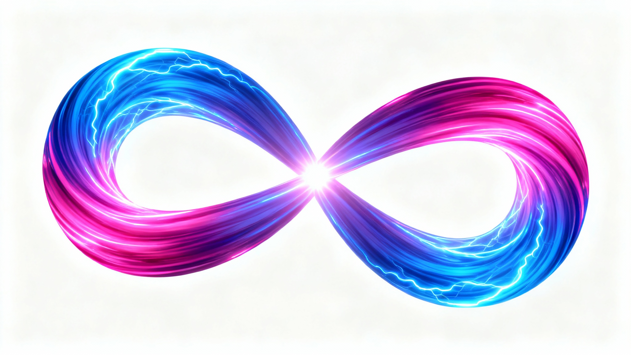 A stylized ribbon of glowing blue and magenta light twisted into an infinite loop, symbolizing a seamless video, set against a plain white background.