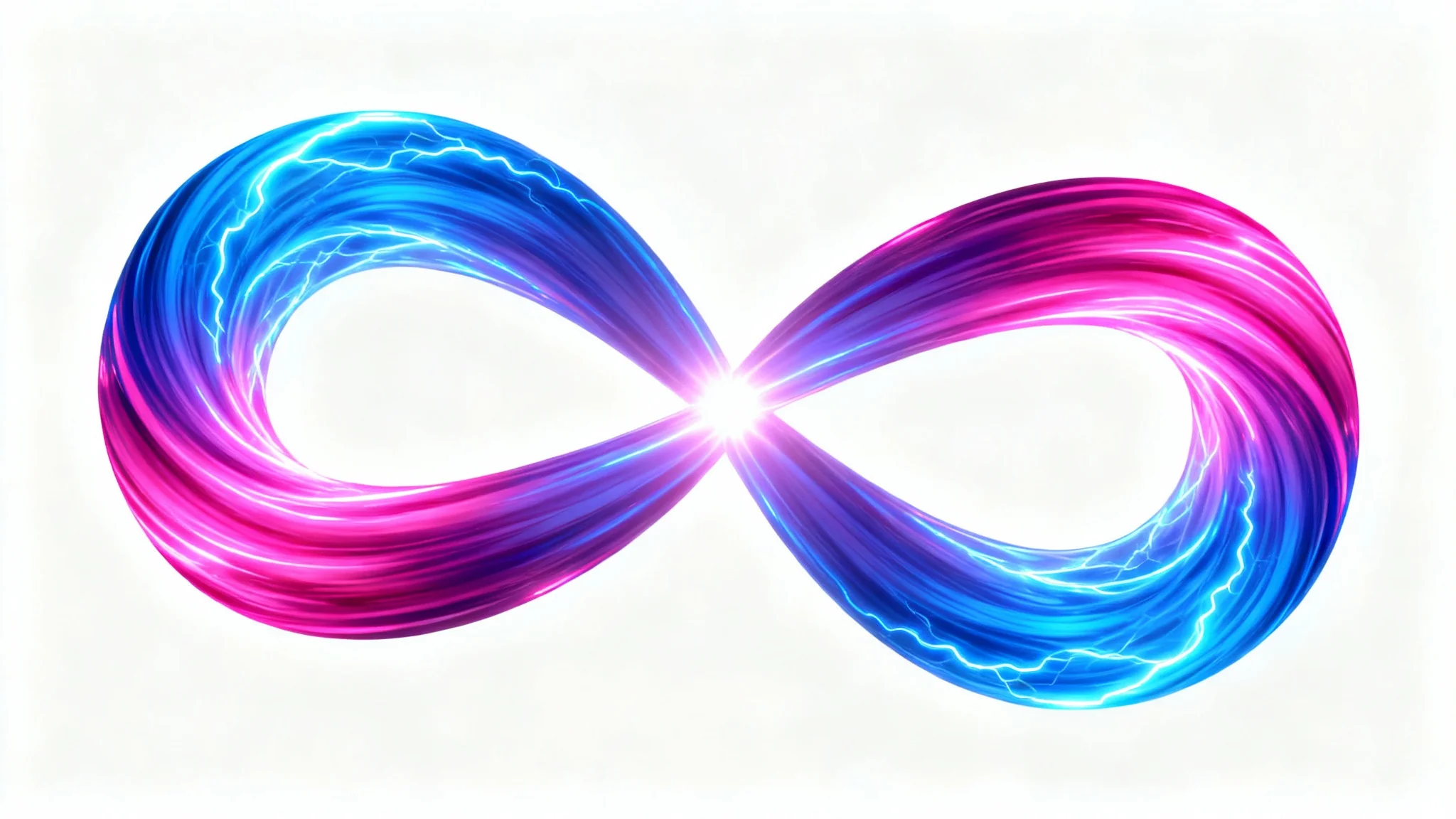 A stylized ribbon of glowing blue and magenta light twisted into an infinite loop, symbolizing a seamless video, set against a plain white background.