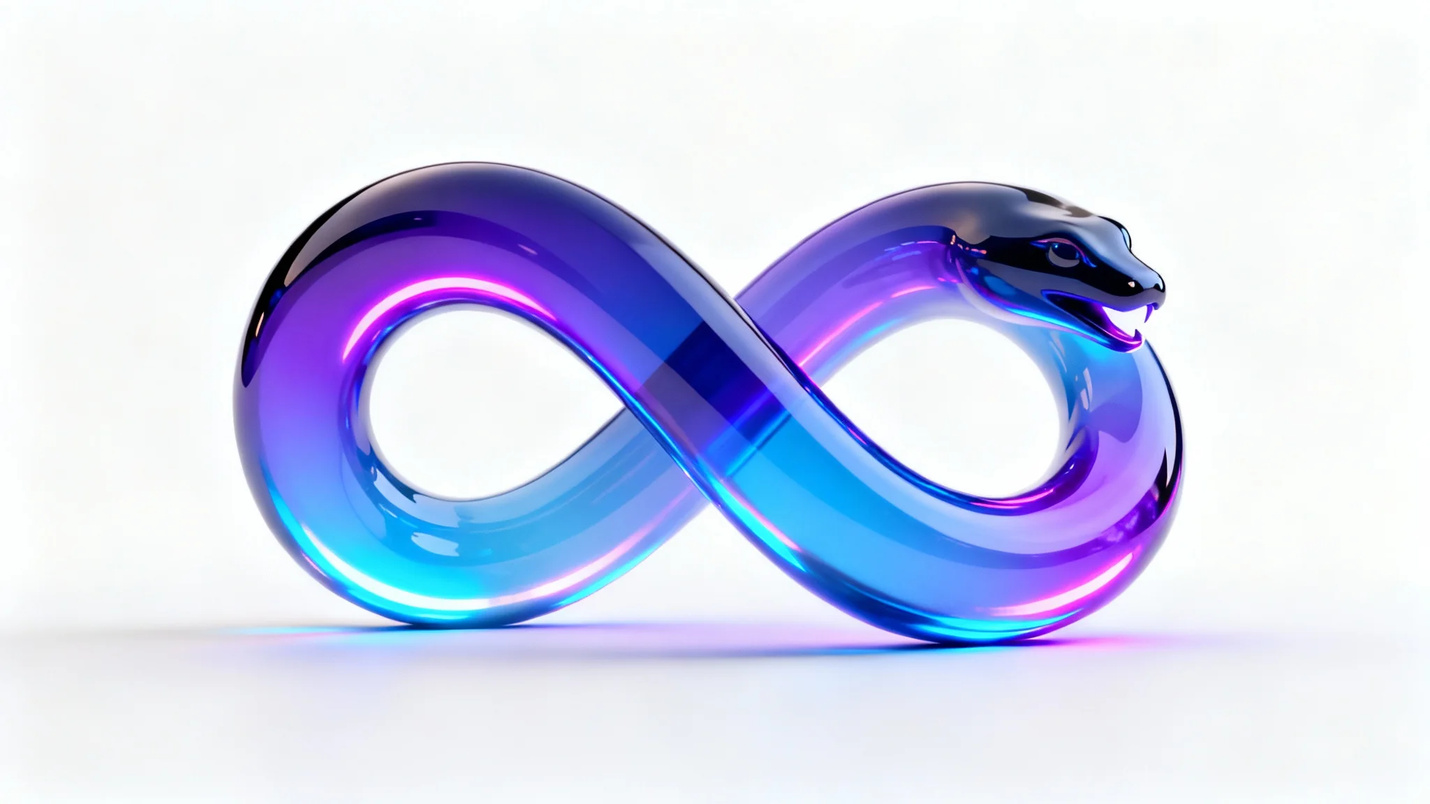 A modern, abstract sculpture of an Ouroboros, a serpent eating its own tail, glowing with a blue and violet gradient to symbolize a seamless video loop, set against a plain white background.
