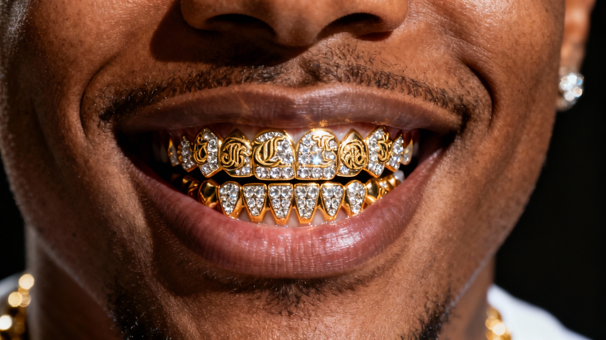 A hyperrealistic hero image showing a close-up of a smile with custom-made, diamond-encrusted gold grillz, highlighting the luxurious and detailed final product.