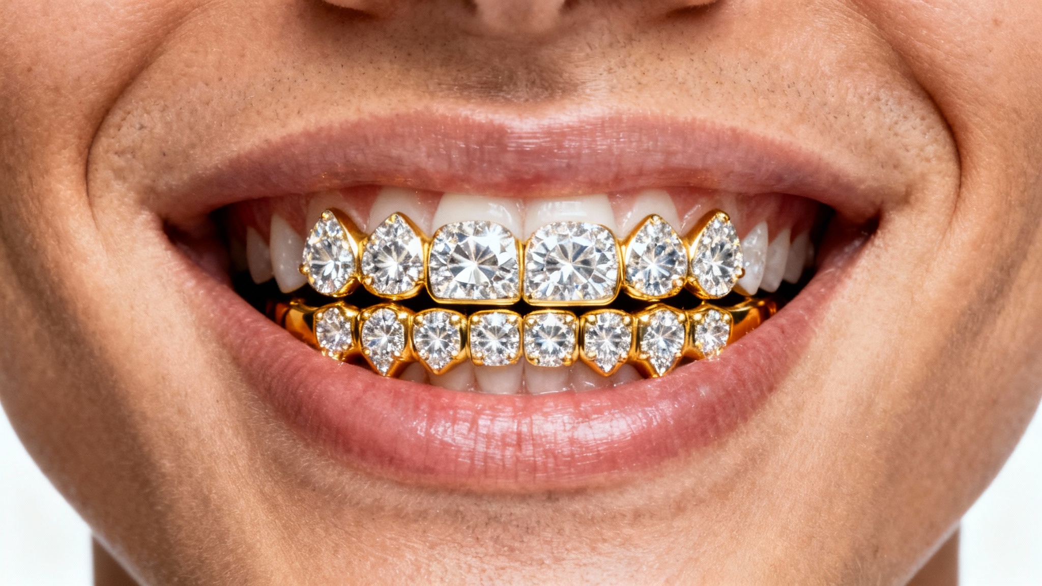 An extreme close-up of a person's smile, showcasing a luxurious, diamond-encrusted gold grill on their bottom teeth against a white background.