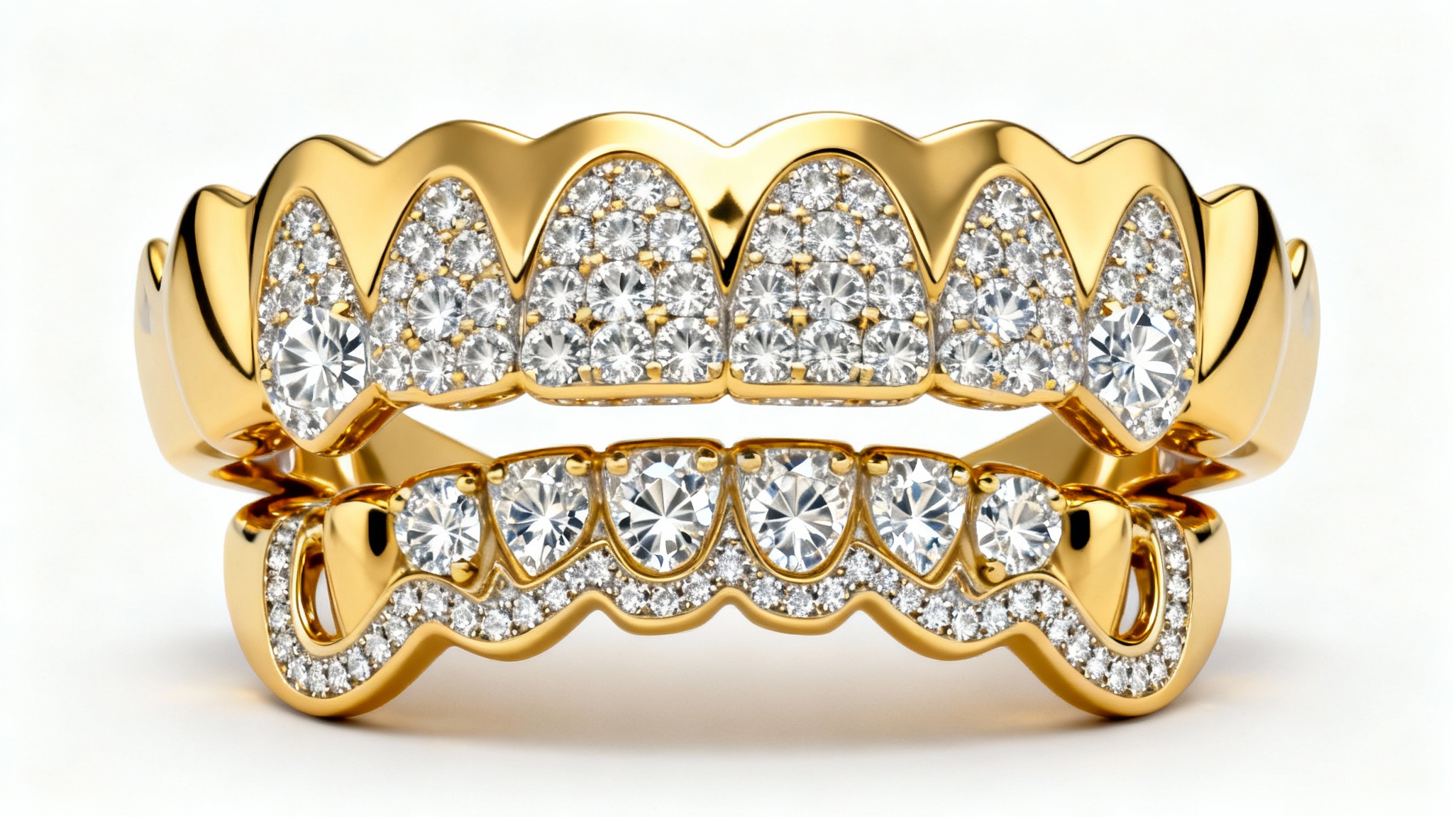 A detailed studio photograph of a luxurious set of gold and diamond grillz displayed against a clean white background.