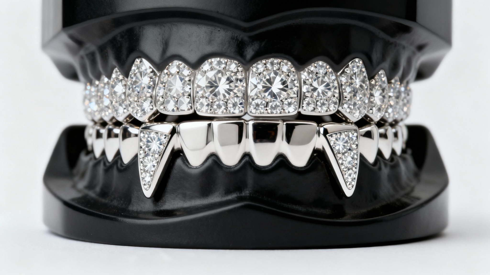 A close-up studio photograph of a luxurious white gold grillz set with a diamond-encrusted top row and a diamond fang design on the bottom row, displayed on a black model against a white background.