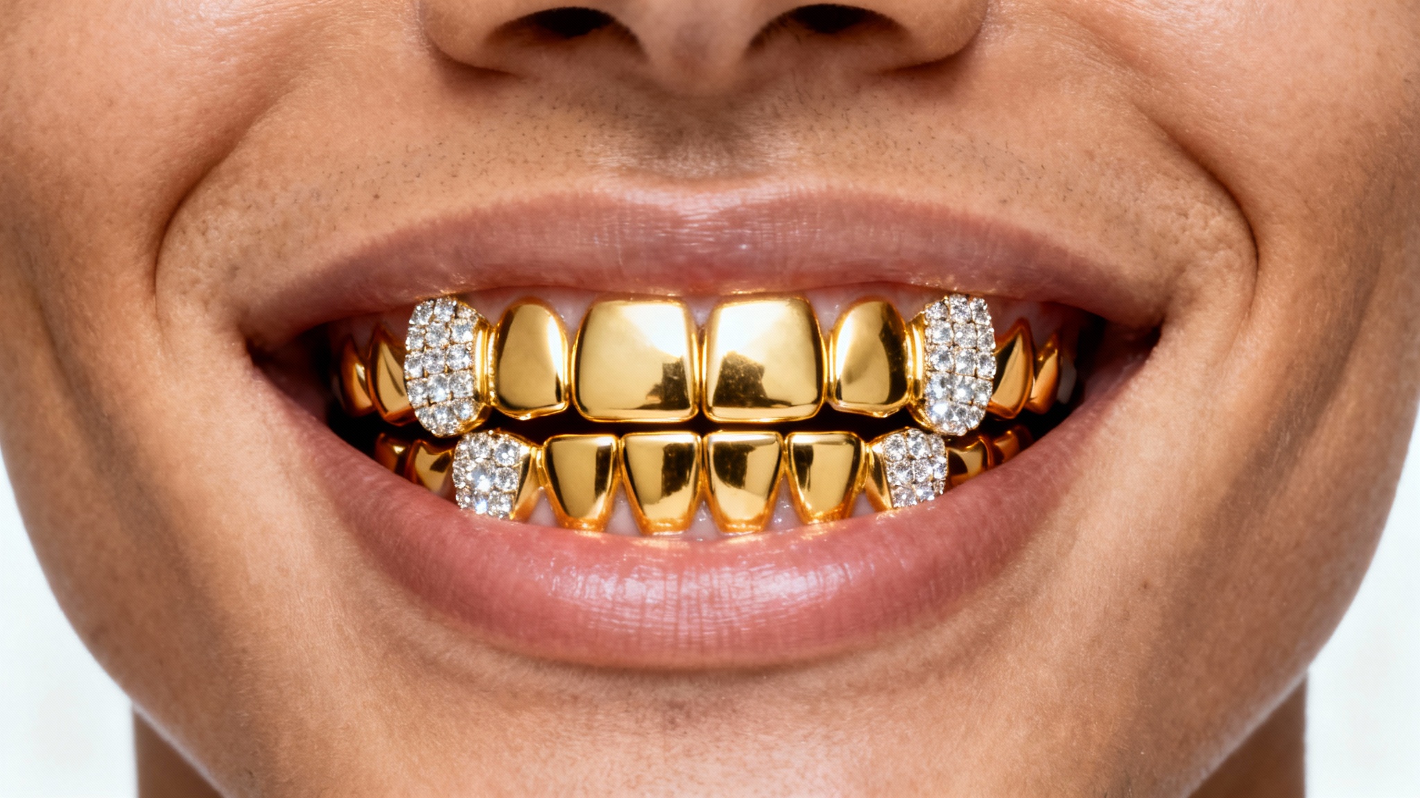 A hyper-realistic close-up of a smile wearing a custom 18k yellow gold grill with diamond-encrusted canine teeth, set against a stark white background.