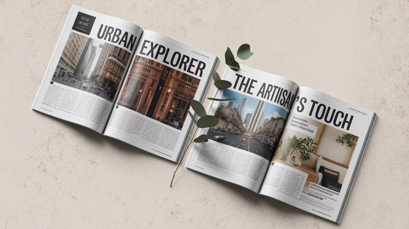 A hero image displaying a collection of beautifully designed, modern magazine spreads featuring bold typography and vibrant photography, arranged on a clean background.