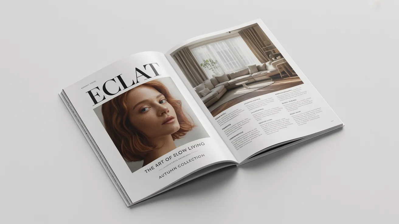 A photorealistic mockup of an open, high-end magazine titled 'ECLAT' lying on a white background, showcasing its artistic cover and an interior design spread.