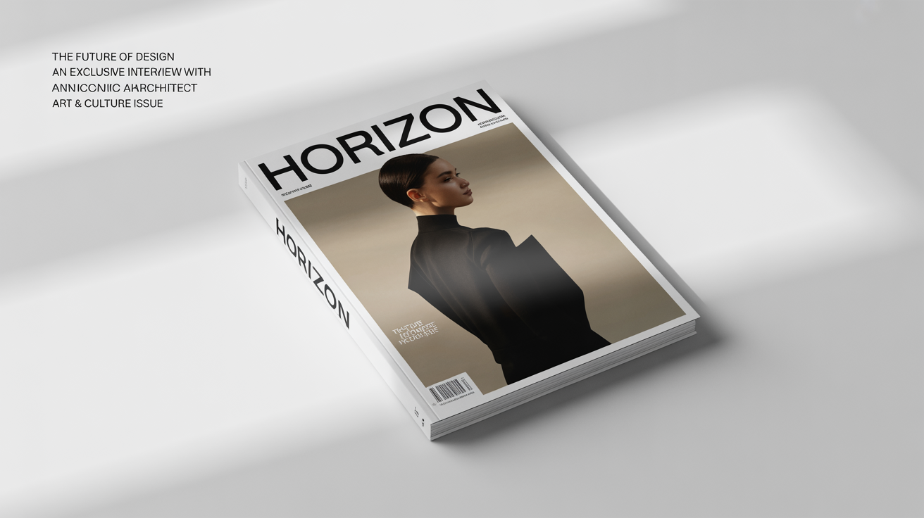A photorealistic mockup of a modern fashion and design magazine titled 'HORIZON', featuring a model in a black architectural outfit on the cover, placed on a clean white background.