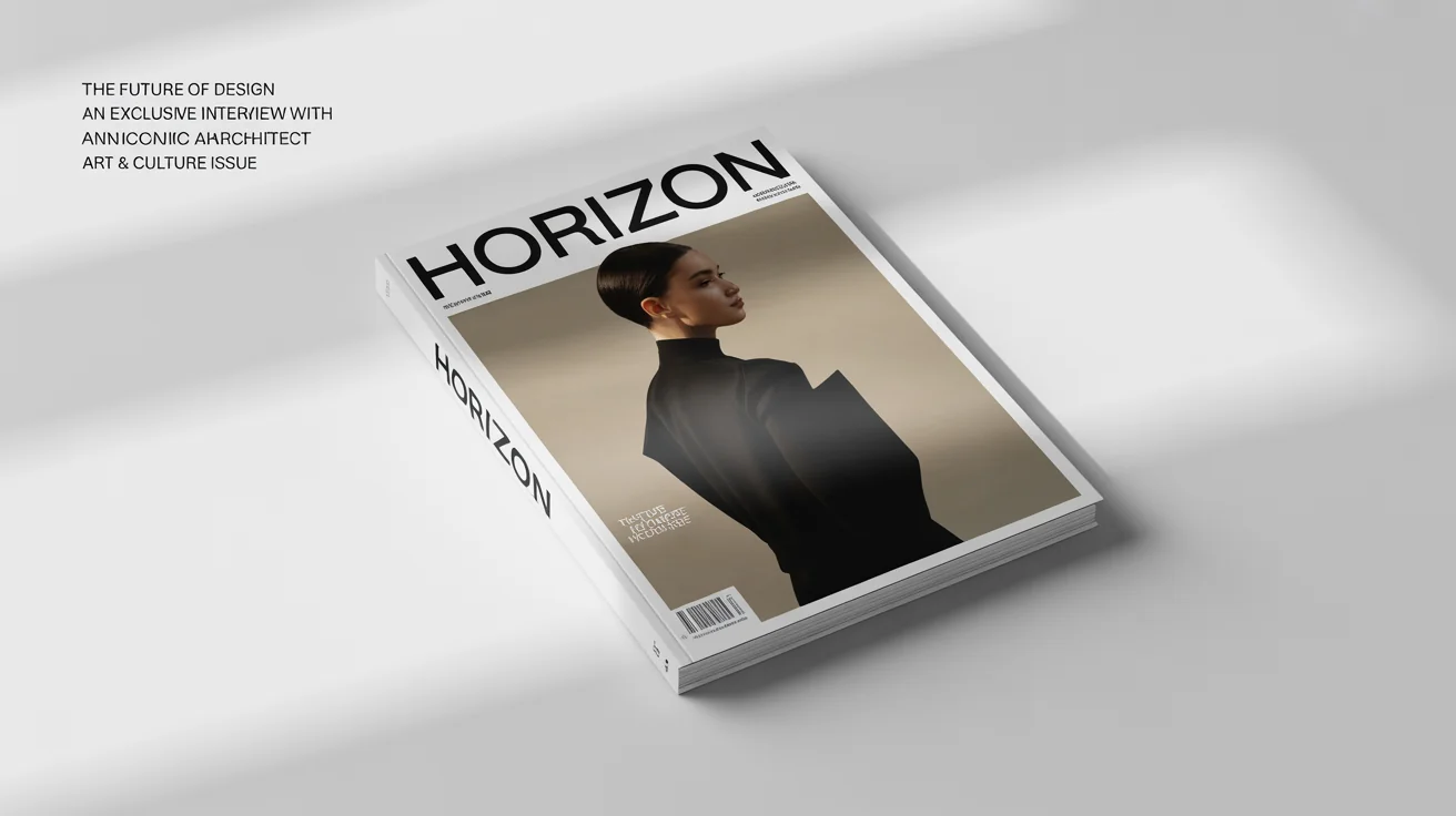 A photorealistic mockup of a modern fashion and design magazine titled 'HORIZON', featuring a model in a black architectural outfit on the cover, placed on a clean white background.