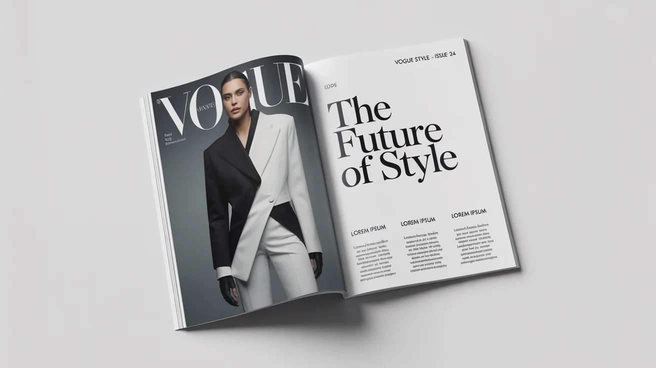 A photorealistic mockup of an open, high-fashion magazine lying on a white background, showing a stylish layout with the headline 'The Future of Style'.