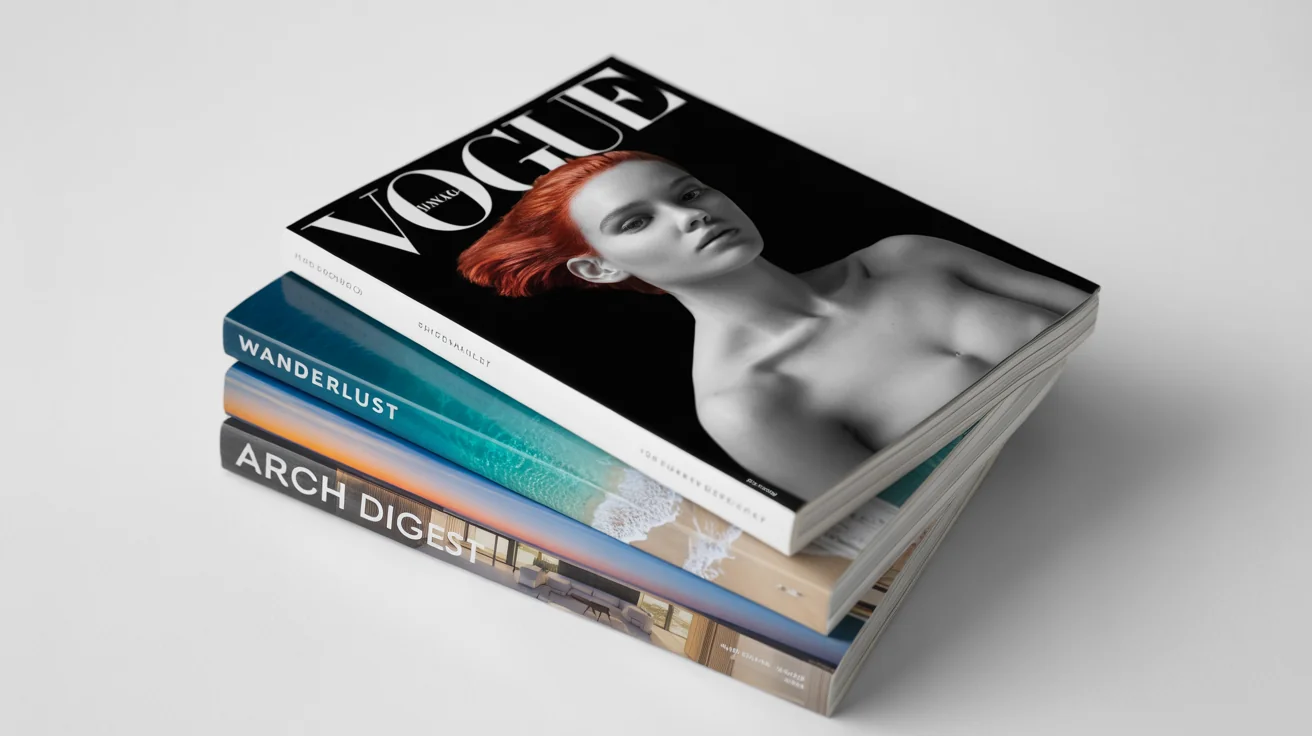 A photorealistic mockup of three different glossy magazines, a fashion, travel, and architecture magazine, fanned out on a clean white background.