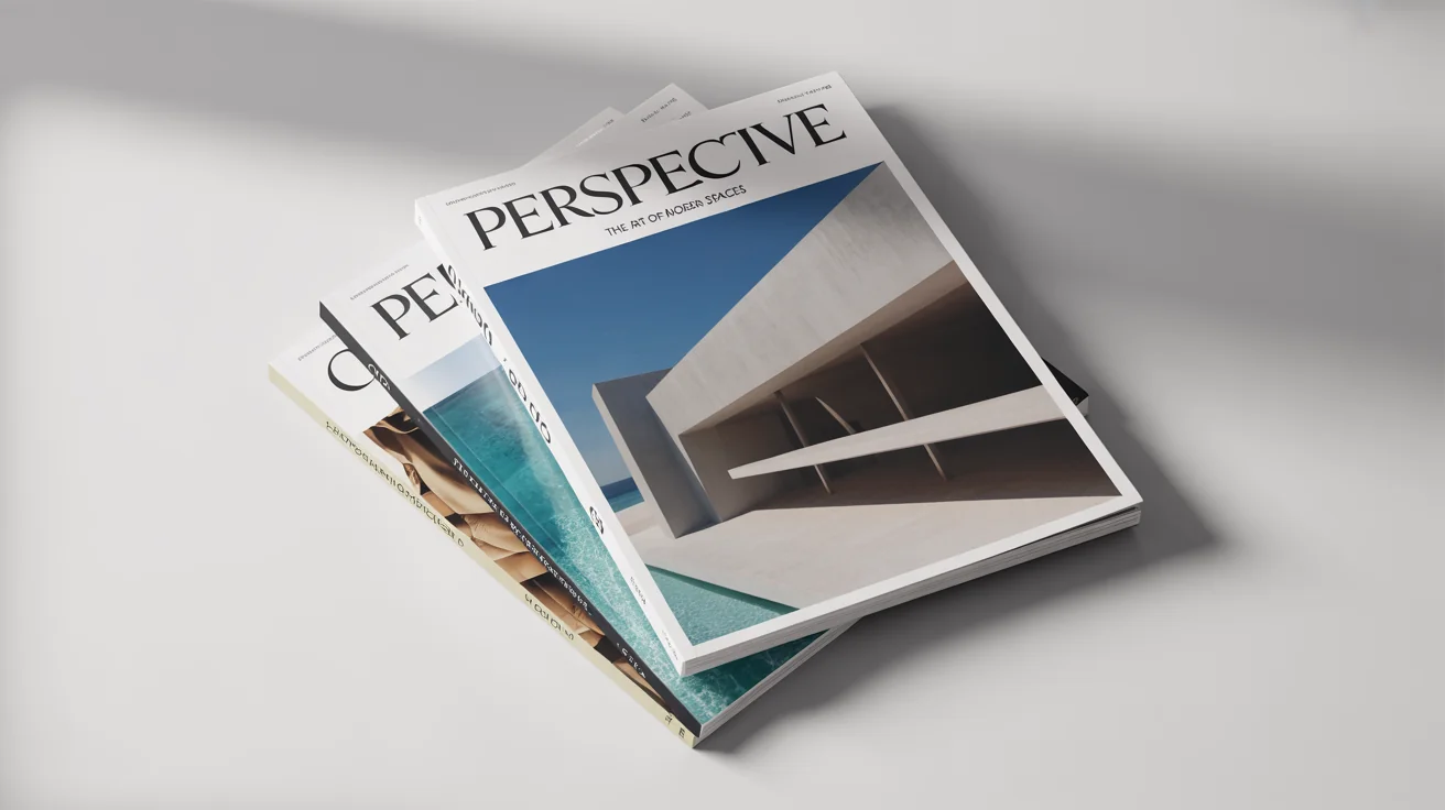 A professional mockup of three modern, stylish magazines fanned out on a white background, with the top magazine titled 'PERSPECTIVE' showcasing an architectural cover.