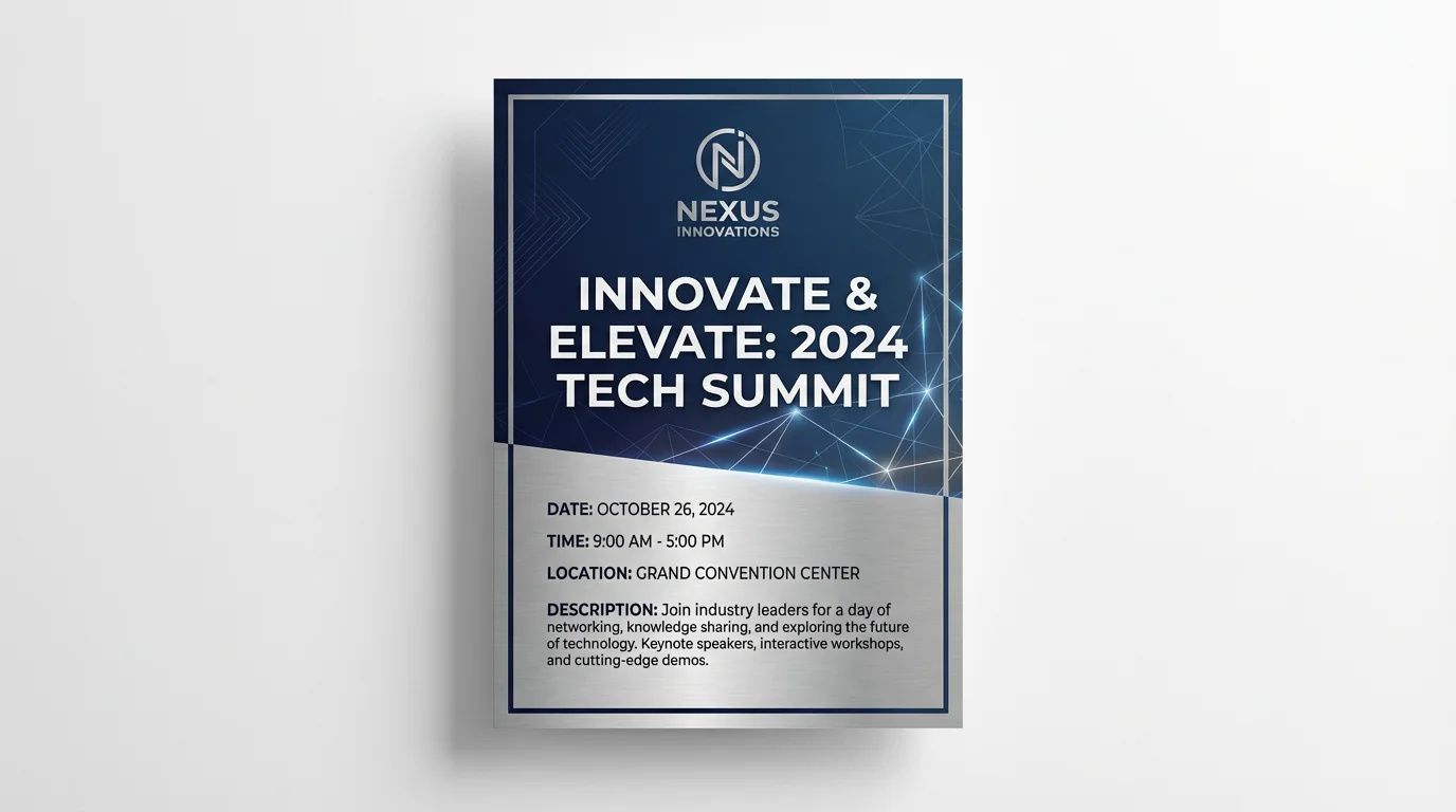 A modern corporate event poster for a tech summit, displayed against a white background. The poster features a blue and silver gradient, bold text for the event title, and details for date and time.