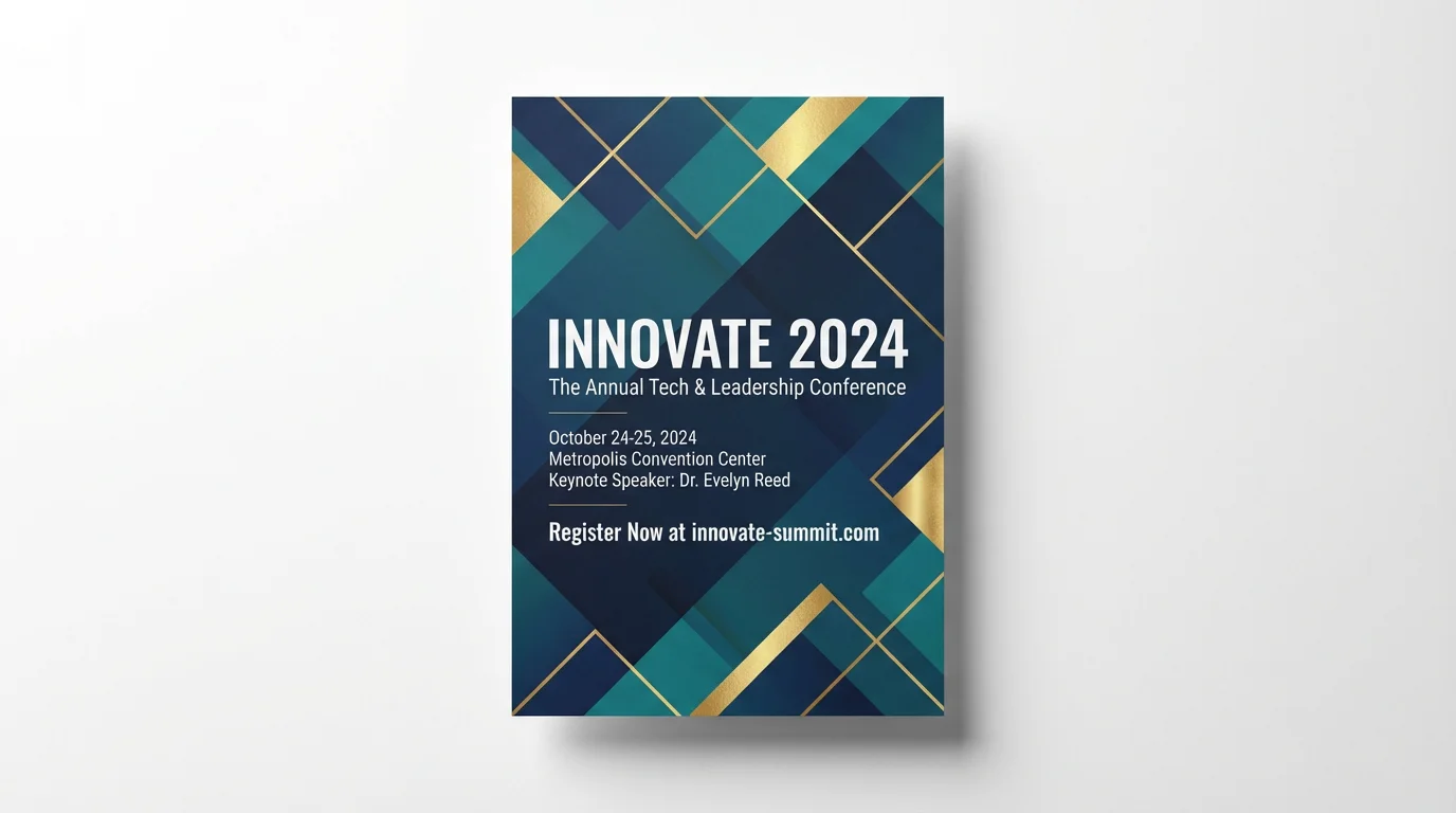 A mockup of a modern corporate event poster for 'INNOVATE 2024', a tech and leadership conference. The poster has a clean, geometric design in navy blue, teal, and gold, and is displayed on a white background.