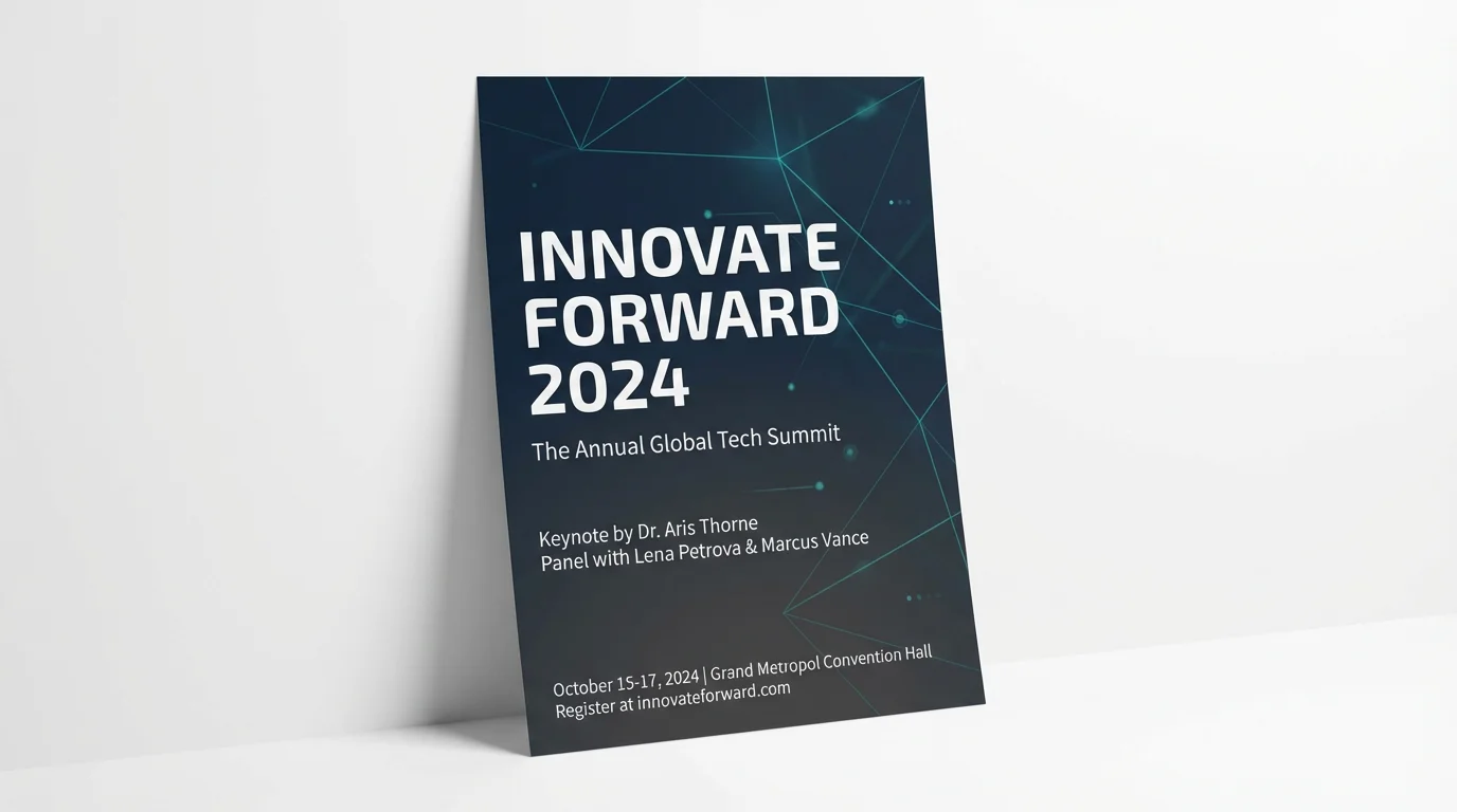 A professional mockup of a corporate event poster for a tech summit titled 'Innovate Forward 2024', displayed against a clean white background. The design is modern and dark-themed with teal accents.