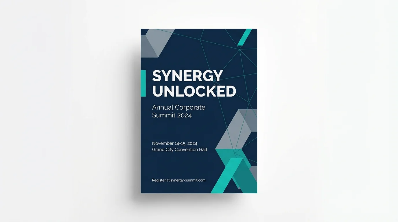 A professional corporate event poster for the 'Synergy Unlocked' summit, shown against a plain white background. The design is modern, with a blue and gray color scheme and abstract geometric shapes.