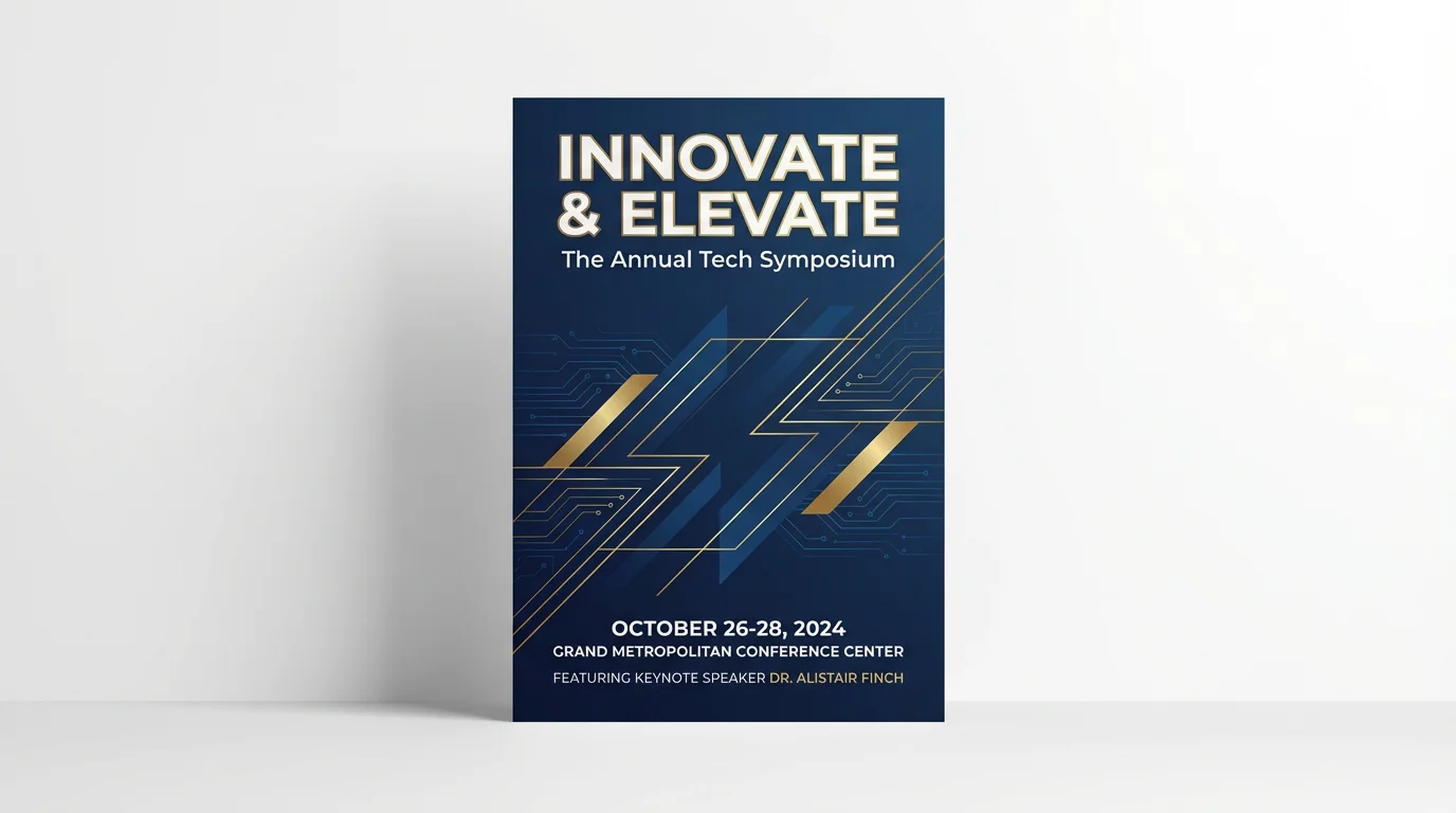 A professional mockup of a corporate event poster for a tech symposium titled 'Innovate & Elevate'. The design is modern, with a navy blue and gold color scheme, and it is displayed against a clean white background.