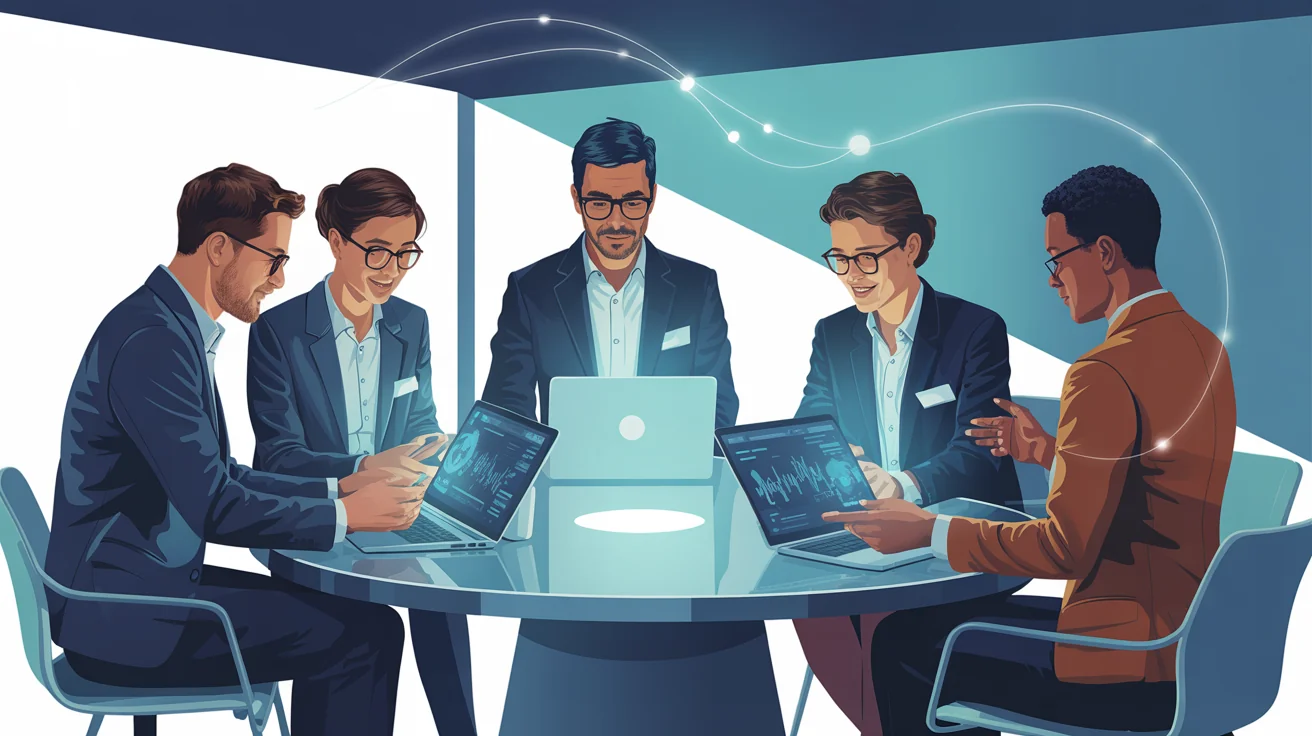 A polished, modern vector illustration in a 16:9 aspect ratio showing a diverse team of six colleagues collaborating around a table with laptops and tablets, set against a background with abstract digital lines representing connectivity.