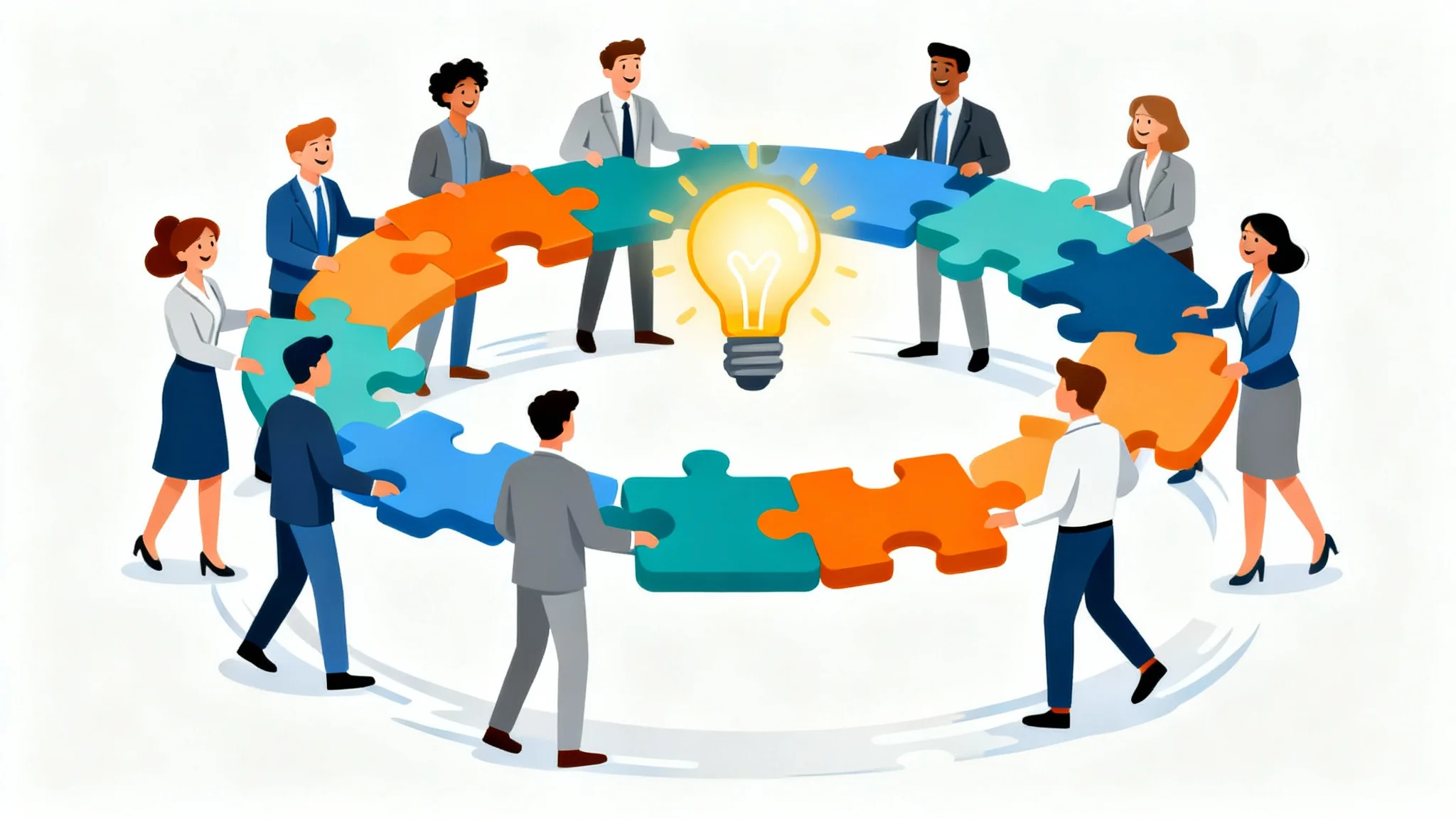 A modern vector illustration of a diverse business team working together, connecting abstract shapes around a central glowing lightbulb, symbolizing collaboration and innovation.