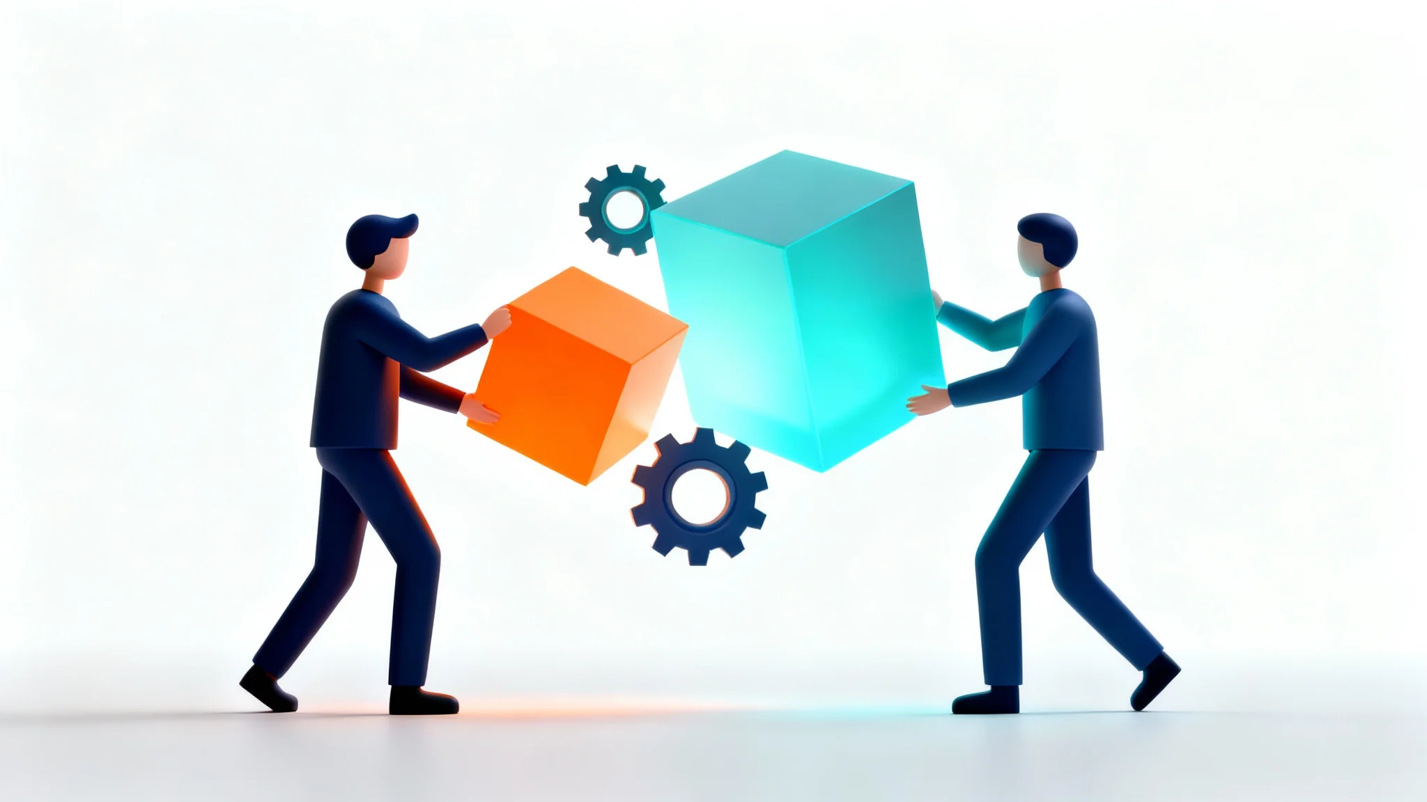 A modern 3D illustration of two abstract figures collaborating by connecting floating geometric shapes and gears, set against a clean white background.