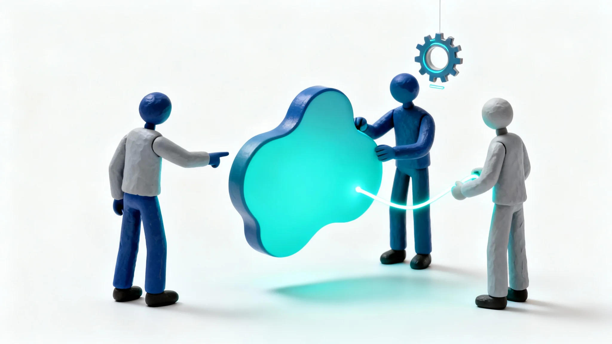 A 3D minimalist illustration of three abstract figures collaborating around a glowing central object, symbolizing business teamwork and innovation.