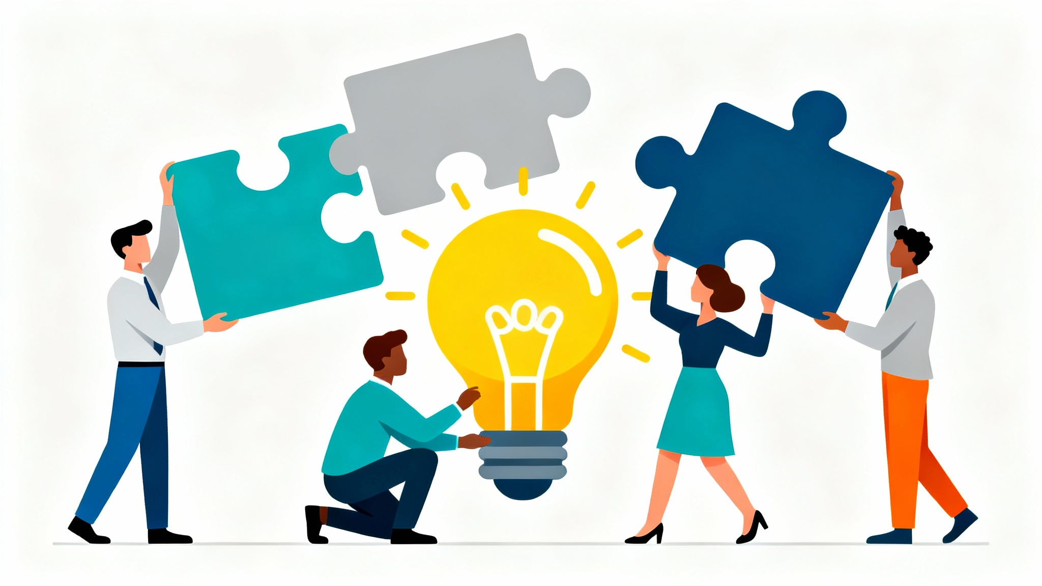 A modern illustration showing a diverse team of professionals collaborating by connecting shapes around a glowing lightbulb, symbolizing teamwork and innovation.