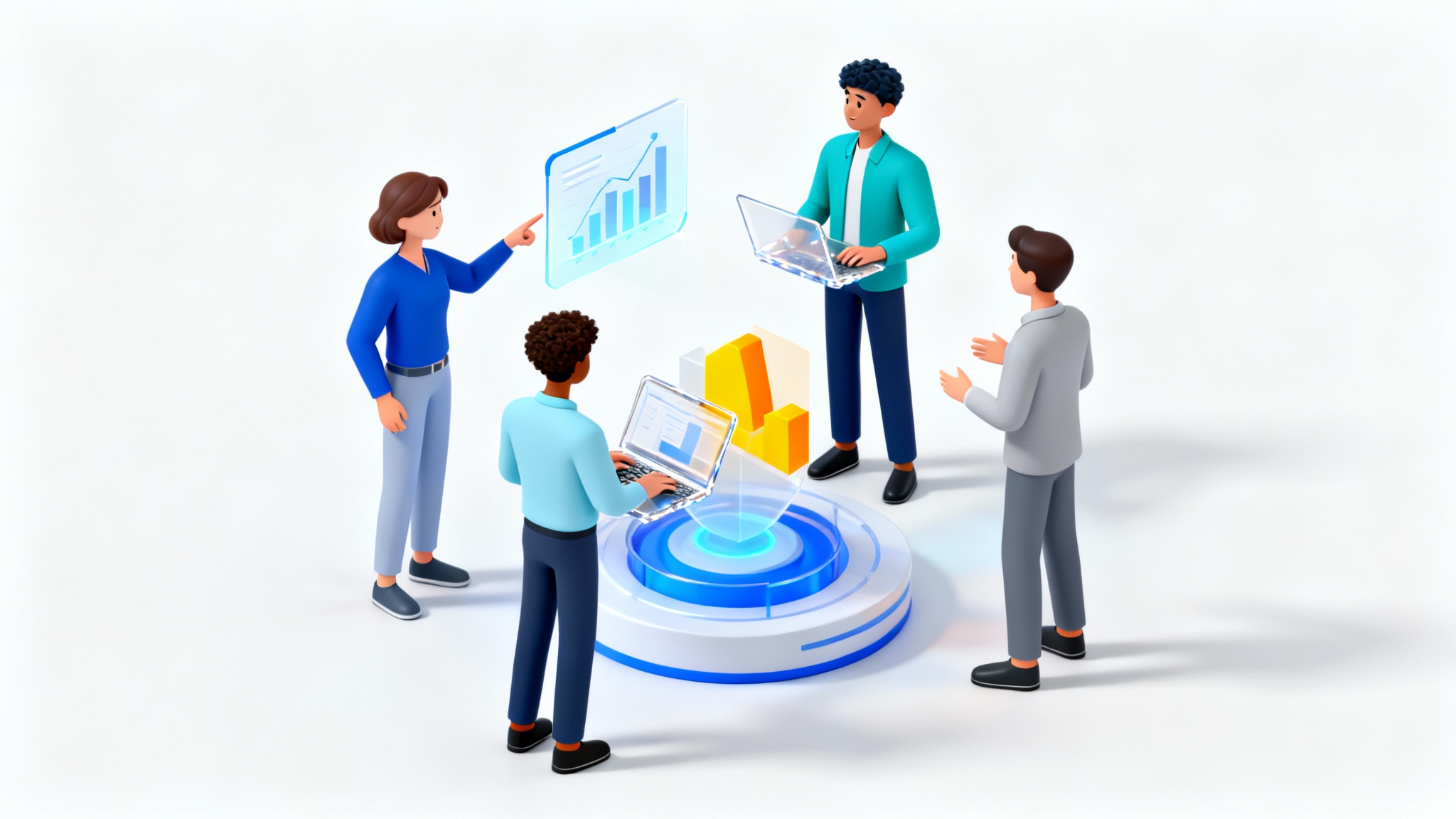 A 3D isometric illustration of a diverse team of professionals collaborating around a project, symbolizing teamwork and innovation in a business setting.