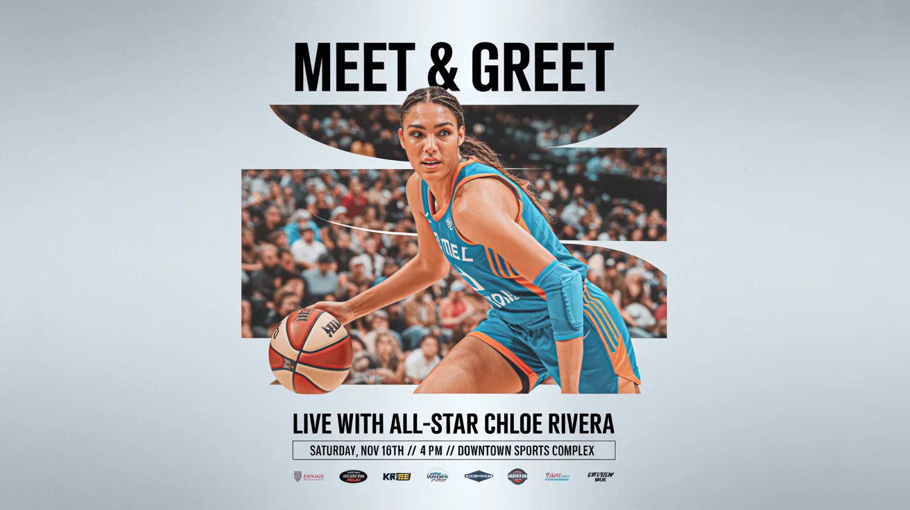 A professional meet and greet poster for an event with basketball star Chloe Rivera. The poster has a vibrant blue and orange color scheme and features a dynamic photo of the athlete on the court. Text on the poster includes 'MEET & GREET', the athlete's name, and event details.