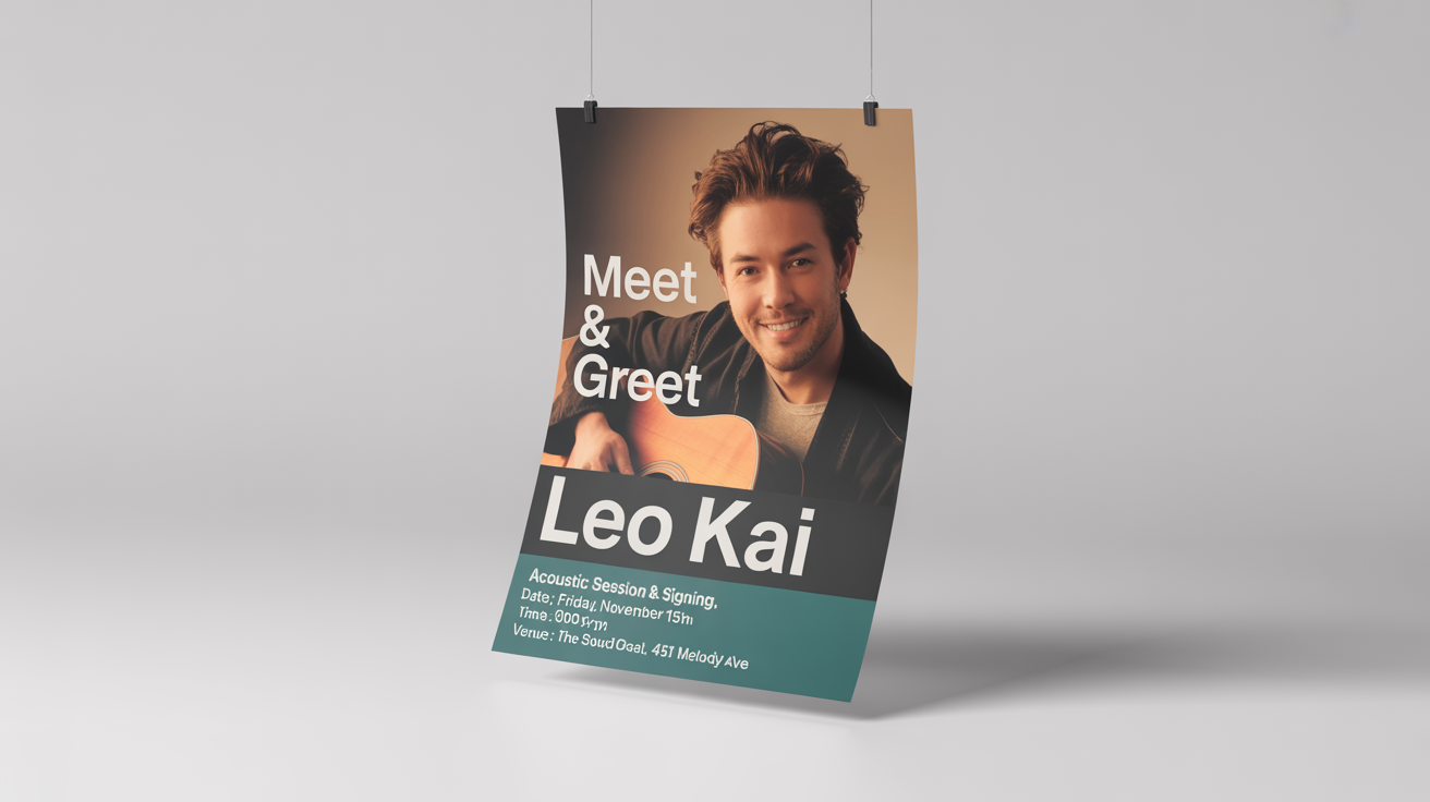 A professional mockup of a meet and greet poster for musician Leo Kai, featuring his photo and details for an acoustic session and signing event.