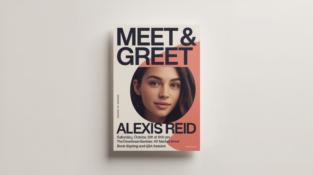 A mockup of a professionally designed meet and greet poster for a fictional person named Alexis Reid. The poster has a modern design with a photo of a woman and text detailing the event date and location.