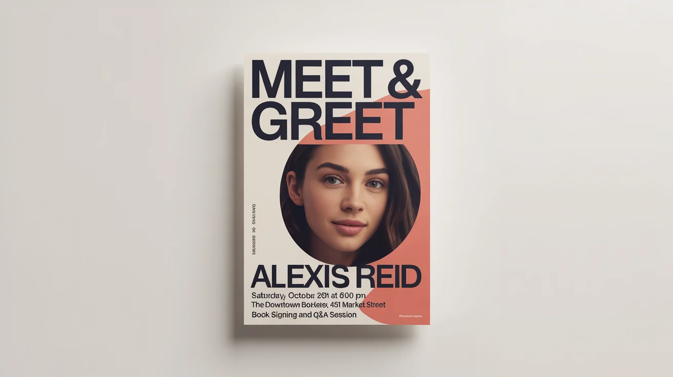 A mockup of a professionally designed meet and greet poster for a fictional person named Alexis Reid. The poster has a modern design with a photo of a woman and text detailing the event date and location.