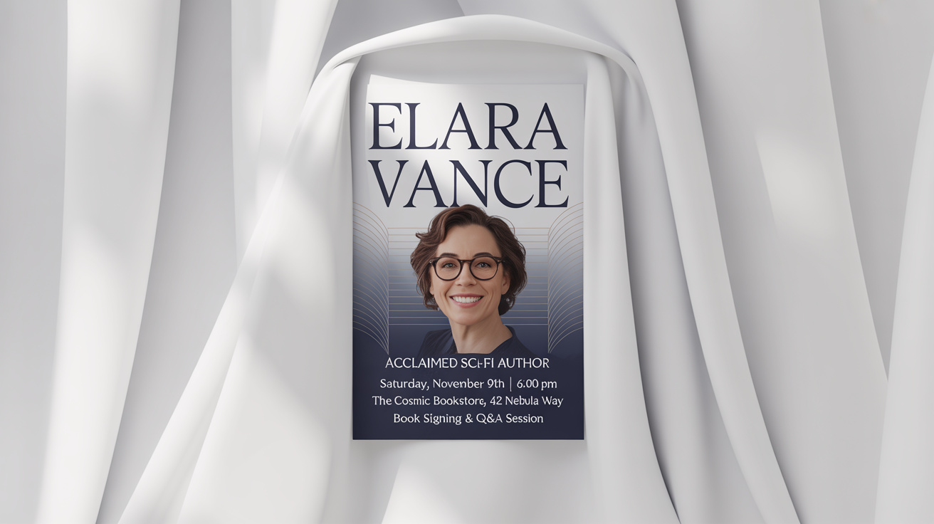 A modern and professional poster for a meet and greet event with fictional author Elara Vance, displayed against a plain white background.