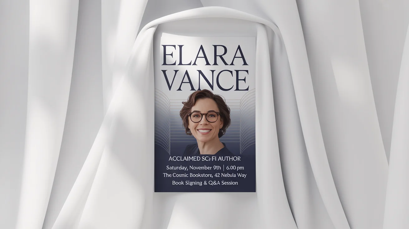 A modern and professional poster for a meet and greet event with fictional author Elara Vance, displayed against a plain white background.