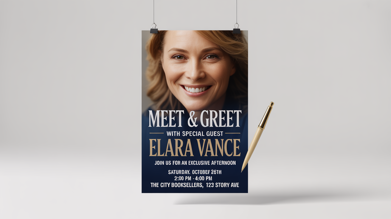 A professional mockup of a poster for a meet and greet event with author Elara Vance, featuring event details and set against a plain white background.