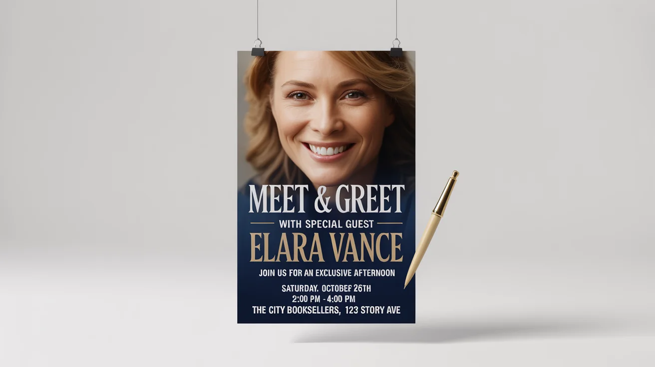 A professional mockup of a poster for a meet and greet event with author Elara Vance, featuring event details and set against a plain white background.