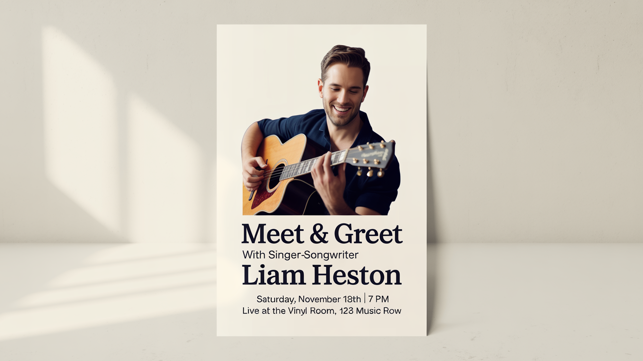 A professional mockup of a meet and greet poster for singer-songwriter Liam Heston, featuring his photo and event details, displayed against a plain white background.