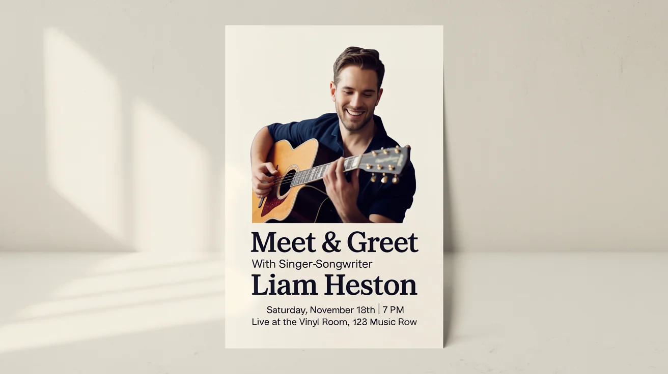 A professional mockup of a meet and greet poster for singer-songwriter Liam Heston, featuring his photo and event details, displayed against a plain white background.